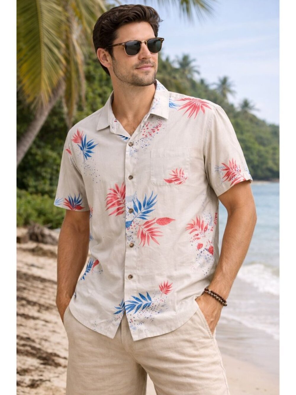 Billabong Men’s Woven Button Up Shirt Beige Size S Stars Stripes Vacay Floral St